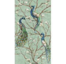 Behang met pauwen op takken met witte bloemen in een florale stijl.