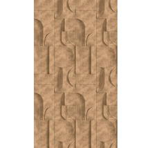 Vliesbehang met driedimensionaal, geometrisch patroon van bogen en rechthoeken in bruine lederlook.