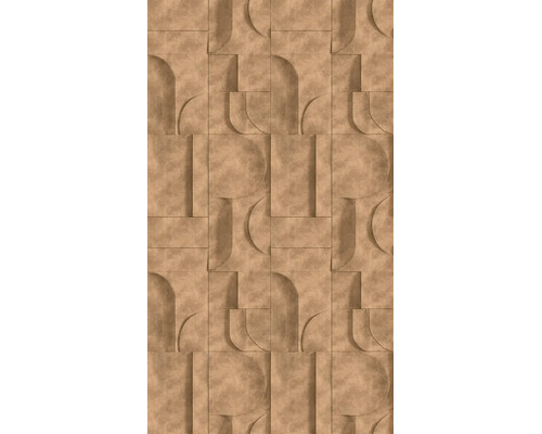 Vliesbehang met driedimensionaal, geometrisch patroon van bogen en rechthoeken in bruine lederlook.