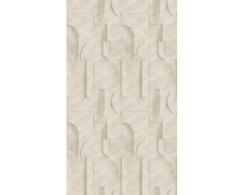 Behang met geometrisch drie dimensionaal patroon van rechthoeken en halve cirkels in steenlook.