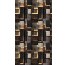 Modern 3D-wandpaneel met rechthoekige elementen in hout- en steenlook en geïntegreerde indirecte verlichting.