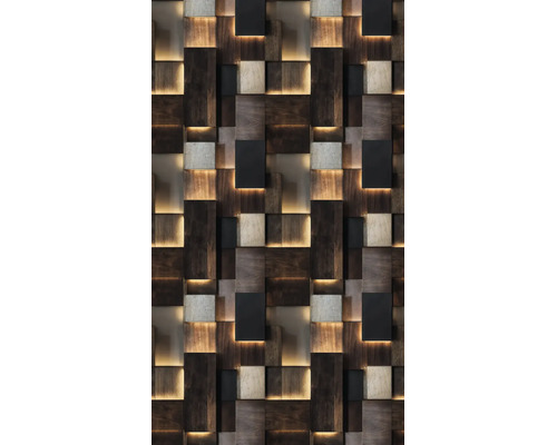 Modern 3D-wandpaneel met rechthoekige elementen in hout- en steenlook en geïntegreerde indirecte verlichting.