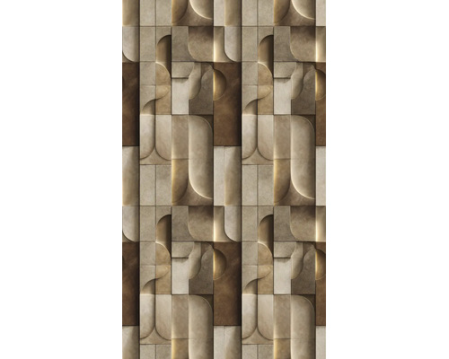 Behang met driedimensionaal geometrisch patroon van rechthoeken en ronde vormen in steenlook.