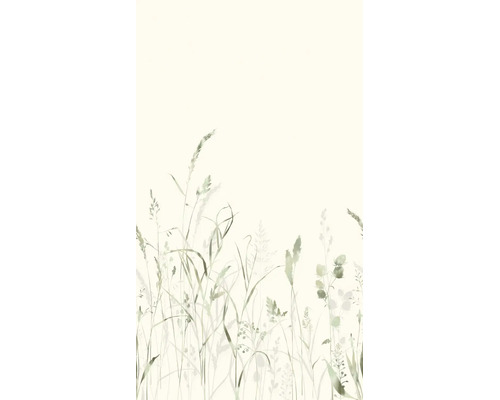 Behang met botanisch motief van grassen en veldbloemen in aquarelstijl.