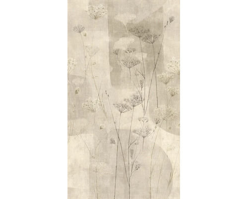 Behang met botanisch patroon van fijne bloemen en grassen op een achtergrond met linnenlook en organische vormen.
