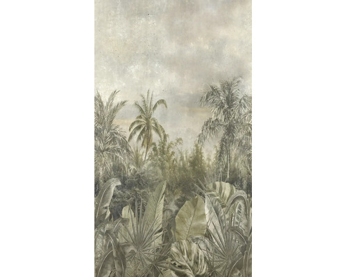 Vliesbehang met jungle-ontwerp, palmbomen en grote tropische bladeren in vintage-stijl met een gestructureerde uitstraling.