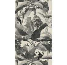 Behang met tropisch oerwoudmotief, grote bananenbladeren, bananentrossen en toekans in de stijl van een botanische illustratie.