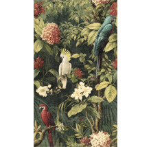 Behang met een tropisch oerwoudmotief met exotische vogels zoals ara's en een kaketoe, omringd door weelderig gebladerte en verschillende bloemen.