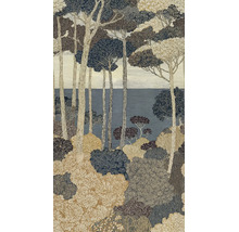 Behang met een geïllustreerd bospatroon van pijnbomen in de stijl van een lijntekening.