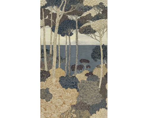 Behang met een geïllustreerd bospatroon van pijnbomen in de stijl van een lijntekening.