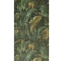 Vliesbehang met groot bananenbladmotief in jungle-stijl, groen-bruin patroon met vintage uitstraling.