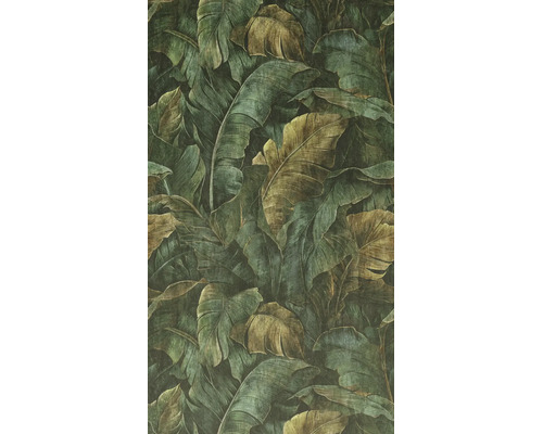 Vliesbehang met groot bananenbladmotief in jungle-stijl, groen-bruin patroon met vintage uitstraling.