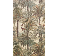 Vliesbehang met jungle-motief in vintage stijl, toont verschillende palmsoorten en tropische bladeren.