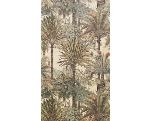 Vliesbehang met jungle-motief in vintage stijl, toont verschillende palmsoorten en tropische bladeren.