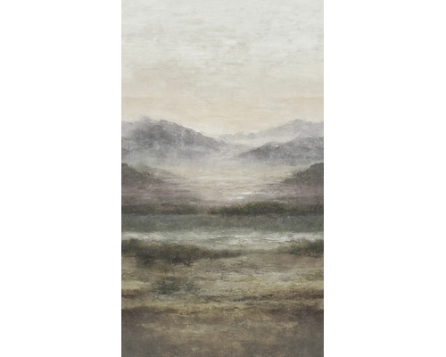 Vliesbehang met een artistiek berglandschap in de mist, getextureerd oppervlak, aardetinten.
