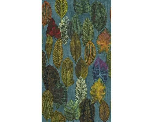 Vliesbehang met een botanisch patroon van verschillende tropische bladeren.