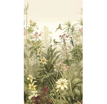 Fotobehang met botanisch patroon van diverse bloemen, groene bladeren en vogels in natuurdesign.