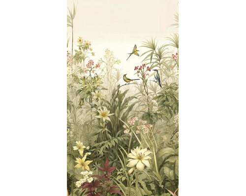 Fotobehang met botanisch patroon van diverse bloemen, groene bladeren en vogels in natuurdesign.