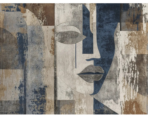 Vlies fotobehang met abstract gezicht en geometrische vormen in steenlook.