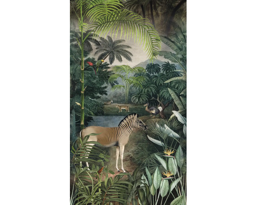 Fotobehang met jungle-motief, dieren zoals zebra en luipaard tussen tropische planten in geïllustreerde stijl.