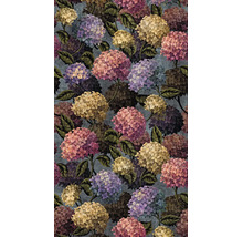 Behang met floraal hortensia-patroon en bladeren op een getextureerde achtergrond.