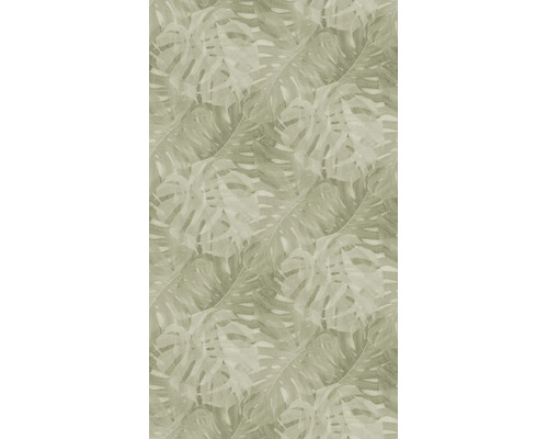 Vliesbehang met een patroon van grote Monstera-bladeren in botanische stijl.