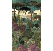 Artistiek vliesbehang met landschapsmotief, parasoldennen, palmen en bloemen met een illustratieve uitstraling.