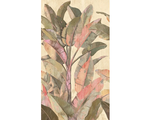 Behang met tropisch bananenbladmotief in groen en roze, vintage stijl met een getextureerde look.