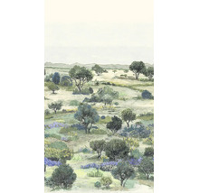 Behang met geïllustreerd landschapsmotief, mediterrane vegetatie met bomen, struiken en bloemen.