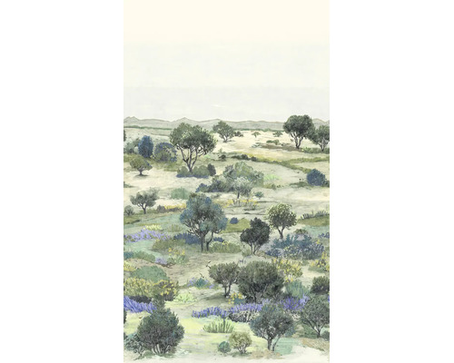Behang met geïllustreerd landschapsmotief, mediterrane vegetatie met bomen, struiken en bloemen.