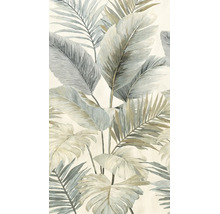 Vliesbehang met tropisch bladerpatroon in subtiele natuurtinten, met verschillende palmbladeren en monstera-bladeren.