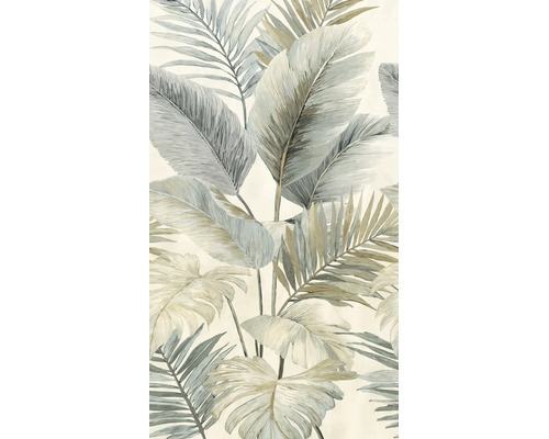 Vliesbehang met tropisch bladerpatroon in subtiele natuurtinten, met verschillende palmbladeren en monstera-bladeren.