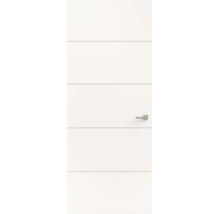 Witte binnendeur met vier horizontale groeven en een zilverkleurige deurklink.