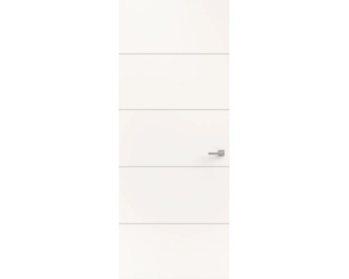 Witte binnendeur met vier horizontale groeven en een zilverkleurige deurklink.