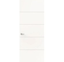 Witte binnendeur met horizontale groeven en moderne deurkruk.