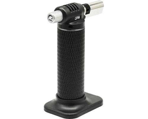 CFH gasbrander met wafelstructuur handgreep, voetstuk en instelknop voor nauwkeurig flamberen.
