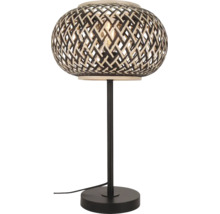 Tafellamp met gevlochten bamboe kap in zwart en natuur, zwart metalen voet.