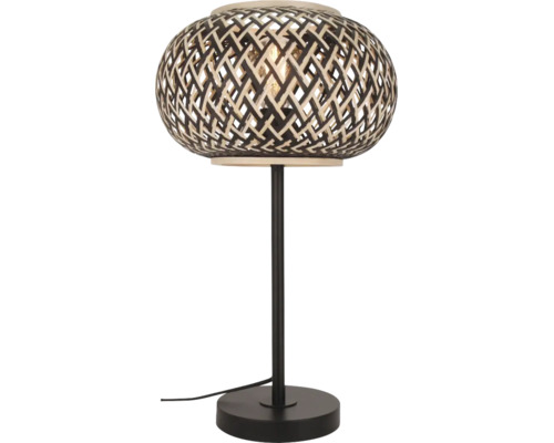 Tafellamp met gevlochten bamboe kap in zwart en natuur, zwart metalen voet.