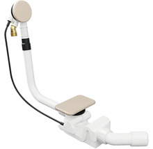 Afvoer- en overloopcombinatie voor badkuipen met beige afdekking en stop, witte kunststof buis, inclusief sifon en bowdenkabel.