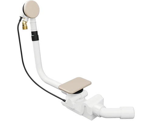 Afvoer- en overloopcombinatie voor badkuipen met beige afdekking en stop, witte kunststof buis, inclusief sifon en bowdenkabel.