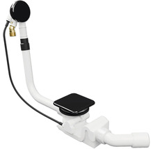 Afvoer- en overloopcombinatie voor baden met vierkante zwarte afvoerplug, ronde overloopknop en sifon.