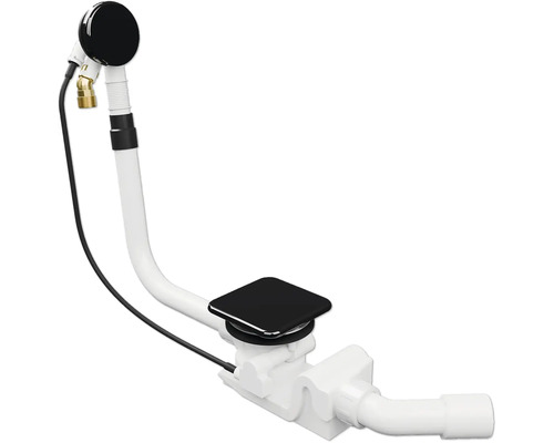 Afvoer- en overloopcombinatie voor baden met vierkante zwarte afvoerplug, ronde overloopknop en sifon.