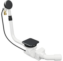 Afvoer- en overloopcombinatie voor baden met geïntegreerde toevoer, vierkante zwarte plug, wit kunststof frame.