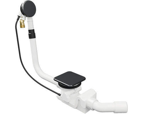 Afvoer- en overloopcombinatie voor baden met geïntegreerde toevoer, vierkante zwarte plug, wit kunststof frame.