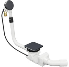 Badafvoer- en overloopcombinatie met een vierkante afvoerplug, ronde overloopknop en witte kunststof sifon.