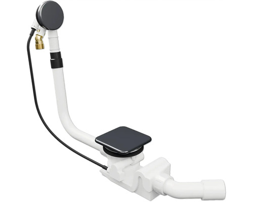 Badafvoer- en overloopcombinatie met een vierkante afvoerplug, ronde overloopknop en witte kunststof sifon.