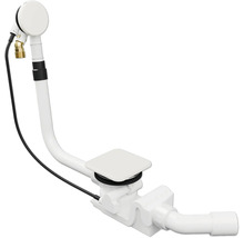 Witte afvoer- en overloopcombinatie voor baden met vierkante afvoerplug, ronde overloopknop en geïntegreerde sifon.