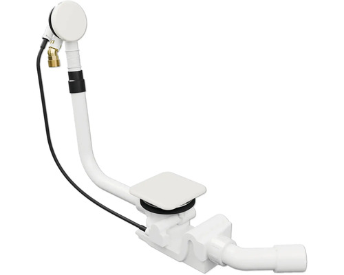 Witte afvoer- en overloopcombinatie voor baden met vierkante afvoerplug, ronde overloopknop en geïntegreerde sifon.