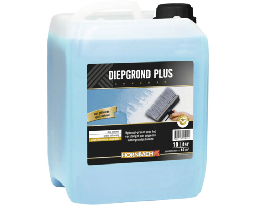 Hornbach Diepgrond Plus, 10 liter jerrycan hydrosol-primer voor zuigende ondergronden binnen, circa 60 vierkante meter. Hornbach Logo.