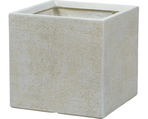 Vierkante plantenbak met gestructureerd oppervlak in crèmewit.
